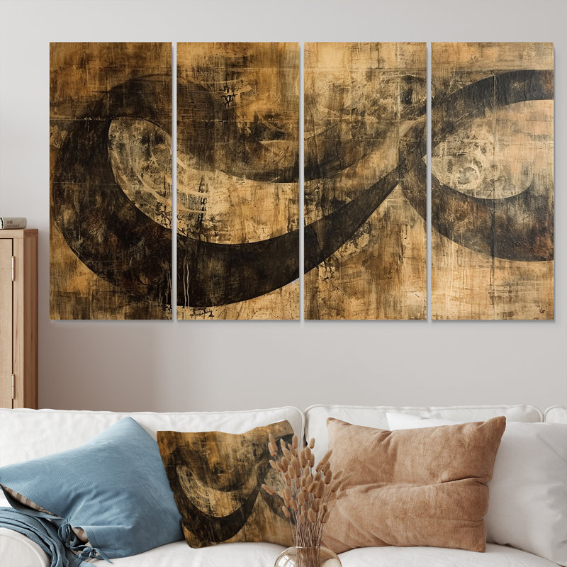 Rivière, paysage, grunge, spirales abstraites, art mural, 4 pièces, H 32 po x l 64 po