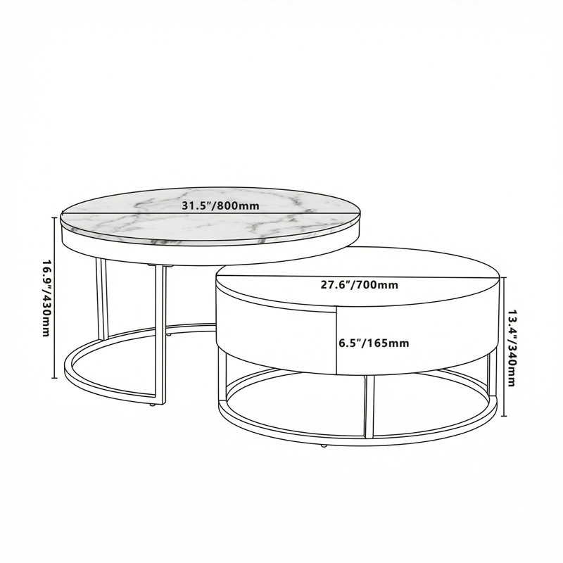 Table basse gigogne ronde moderne avec tiroirs aux accents blancs et dorés, conception peu encombrante avec solutions de rangement pour les salons