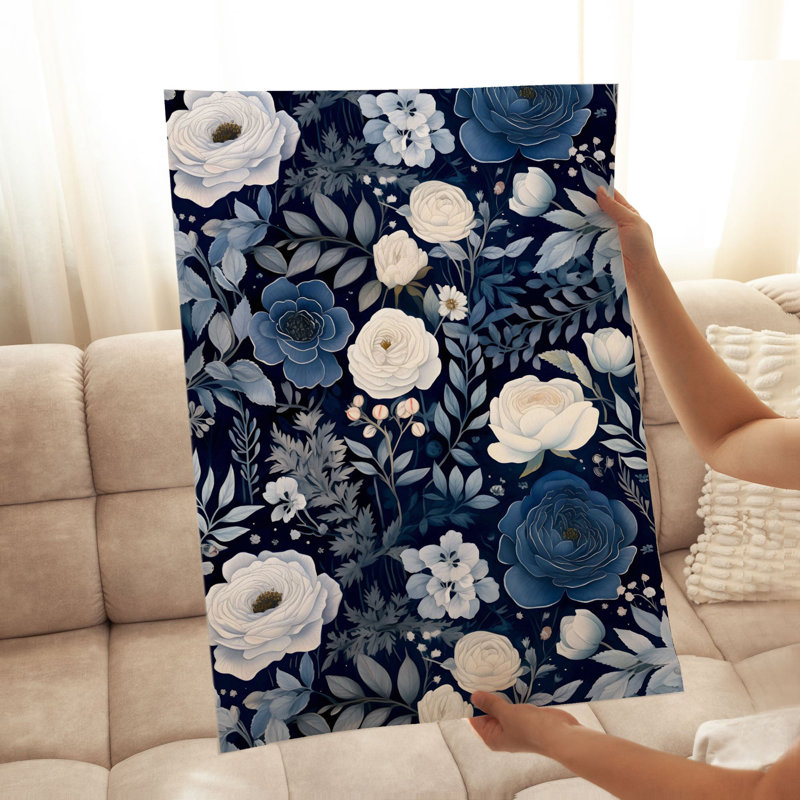 Impression florale de fleurs bleu marine, H 16 po x l 12 po
