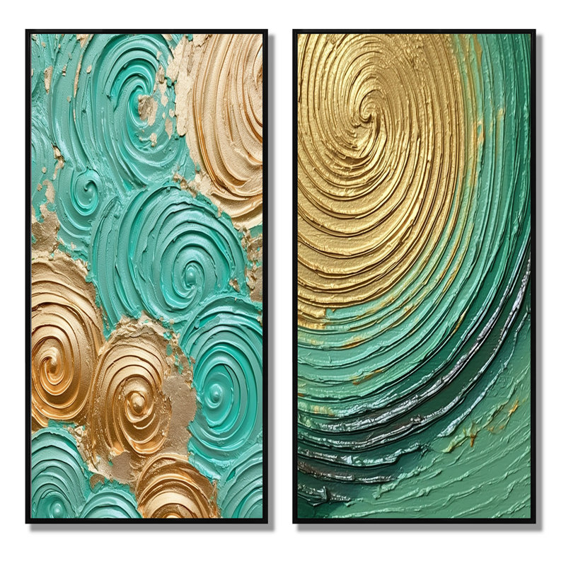 «Gold surreal spirals», 2 pièces, H 40 po x l 40 po, Cadre noir