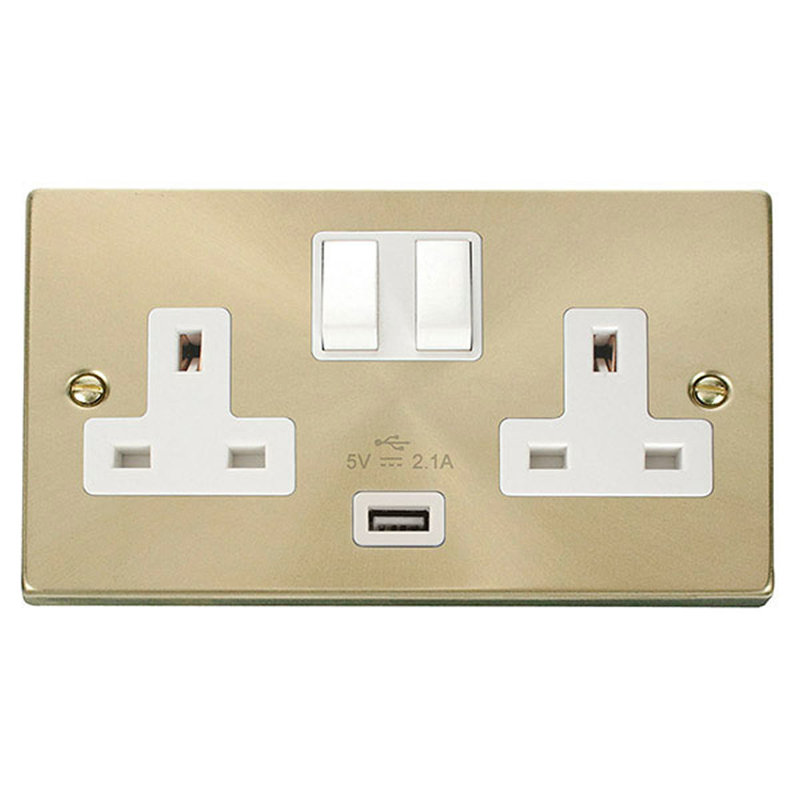 Satin Brass 2 Gang 13A 1 USB Twin Double Switched Plug Socket