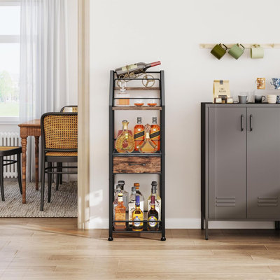 Freestanding Wine Rack Floor Cabinet - 4-Tier Stepped Bar Organizer With Storage Drawer For Wine Bottles, Liquor & Glassware, For Kitchen, Living Room