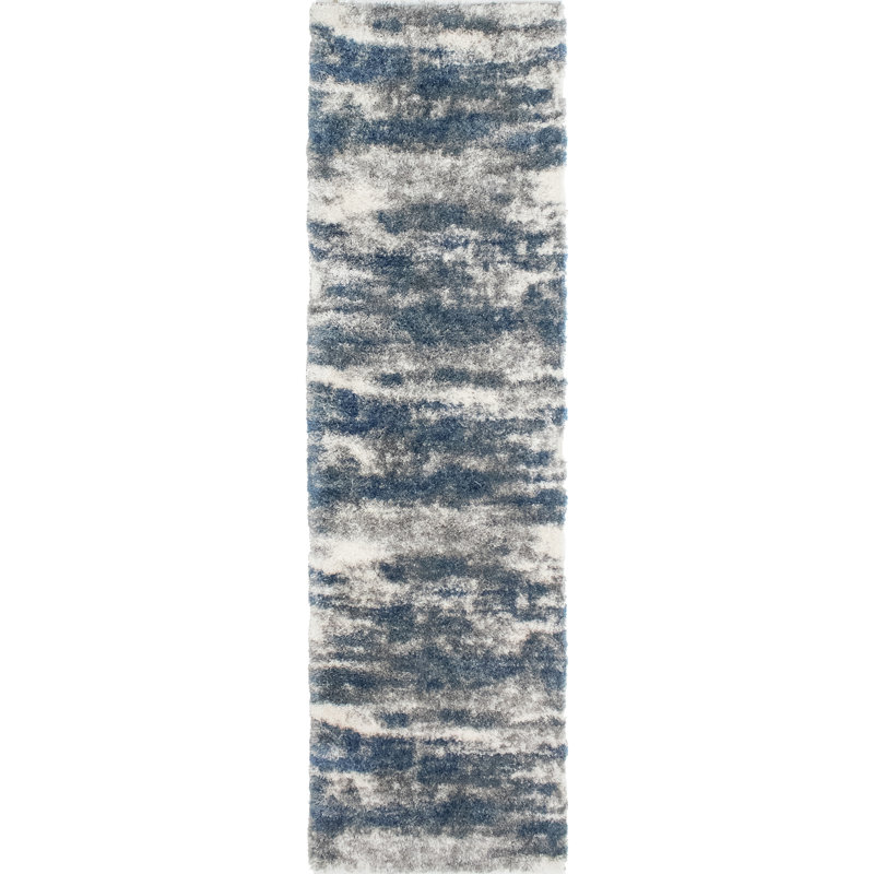 Tapis d'intérieur bleu à poils longs Alban, Tapis de couloir 2 pi 8 po x 9 pi 6 po