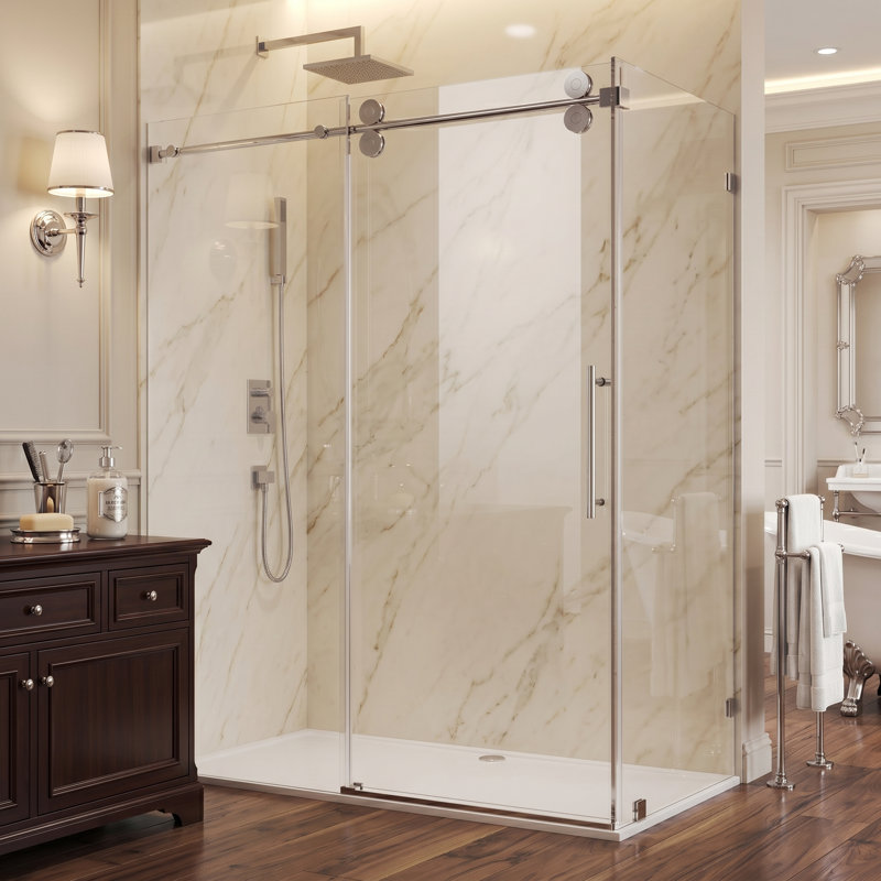 48" W X 35" D X 76" H Sliding Frameless Shower Enclosure With 3/8 Inch Tempered Glass, Chrome, 35"