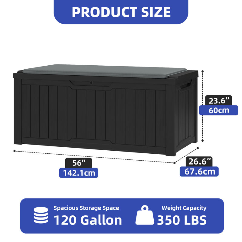 120 Gallon Patio Resin Deck Box Extra Seat with Cushion, Black