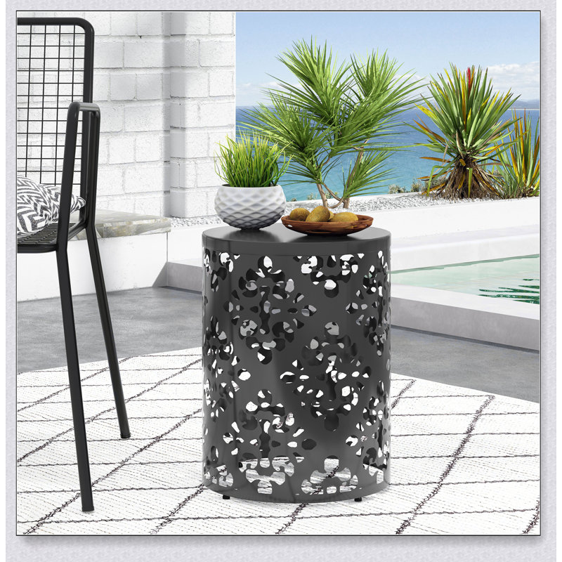 Stylish Outdoor Metal End Table With Durable Powder-Coated Iron And Elegant Floral Design For Modern Spaces, Black