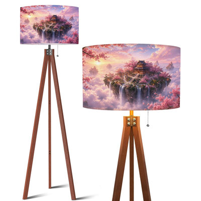 Lampe sur pied à trépied Mignon chat jouant de la guitare sous un arbre à fleurs Oiseaux de bicyclette Lampe de sol à DEL à intensité variable avec pieds en bois de hêtre et abat-jour en lin amovible pour le salon et la chambre à coucher