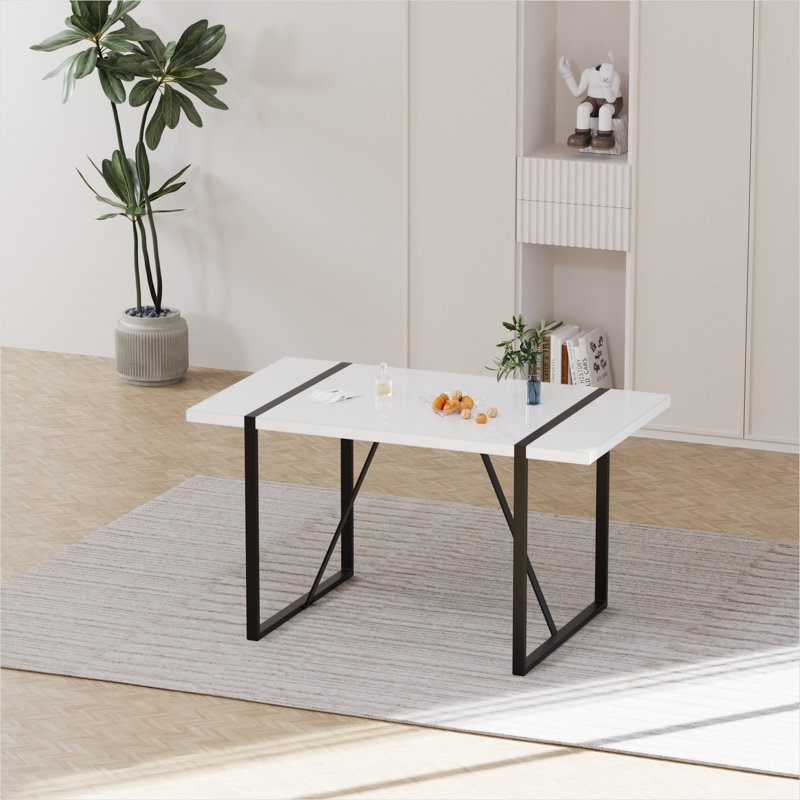 Table de salle à manger en MDF blanc pour 4 à 6 personnes, style campagne moderne avec pieds en acier noir