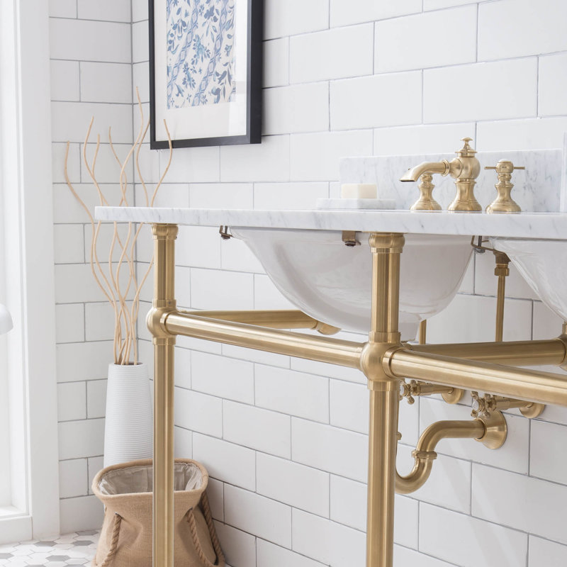Embassy Stone Oval Console Bathroom Sink with Faucet and Overflow, Satin Brass