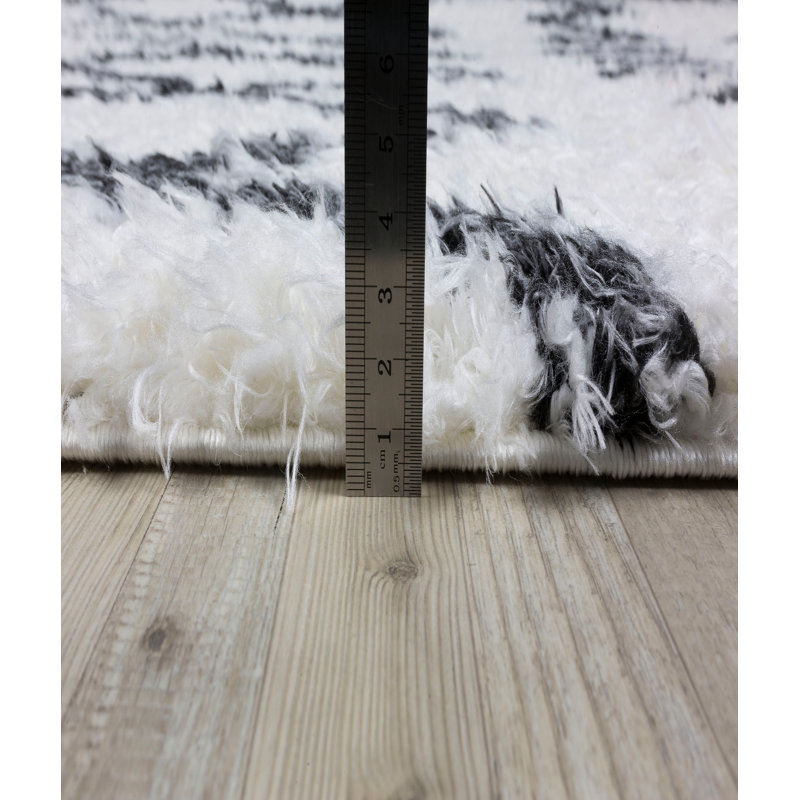 Tapis géométrique rectangulaire en polyester tissé à la machine blanc / noir Noriega, Rectangle 5 pi 3 po x 7 pi 7 po