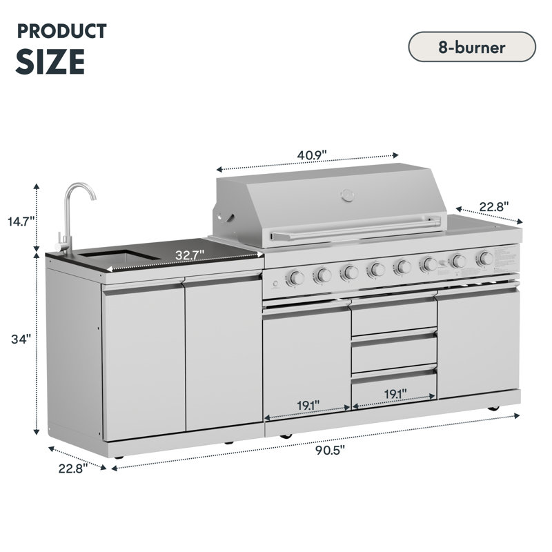Îlot de cuisine extérieur modulaire en acier inoxydable à 2 brûleurs avec gril, évier et roulettes Akoah