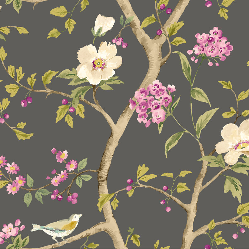 Bird Song - Silver 10m Wallpaper, White Floral