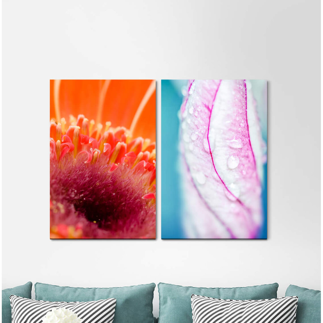 2-tlg. Leinwandbilder-Set - Grafikdruck „Blossoms Orchid Raindrops Red Blue”