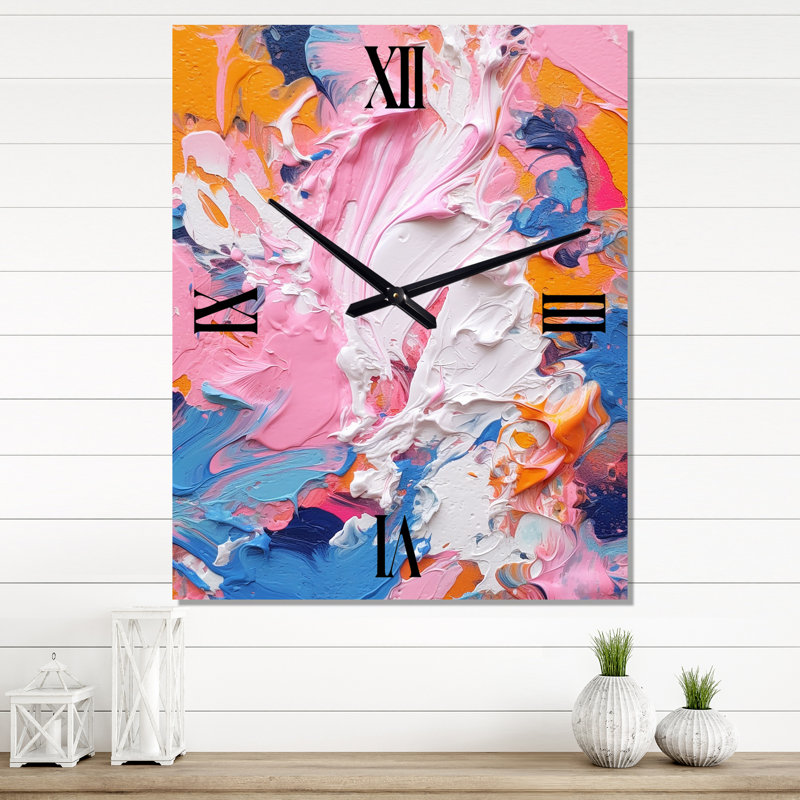 Rose et blanc Explosions de couleur II - Horloge murale moderne abstraite, Médium