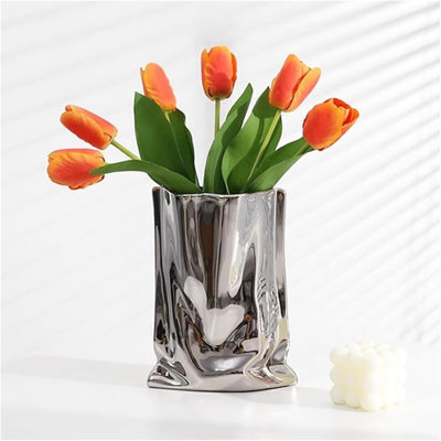 Large Silver Ceramic Flower Vase, Crinkle Paper Design Decorative Metal Look Accent for Modern Home Decor
