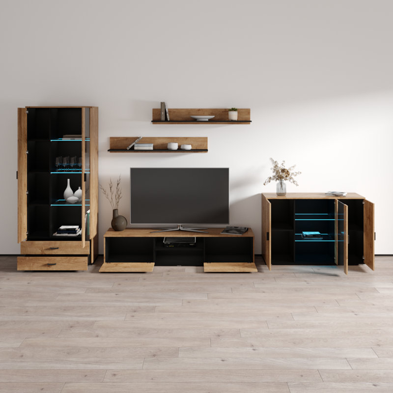 Sabala 150" Modern Entertainment Center with 16-Color LED Lighting, High Gloss Finish, Media Storage, Oak