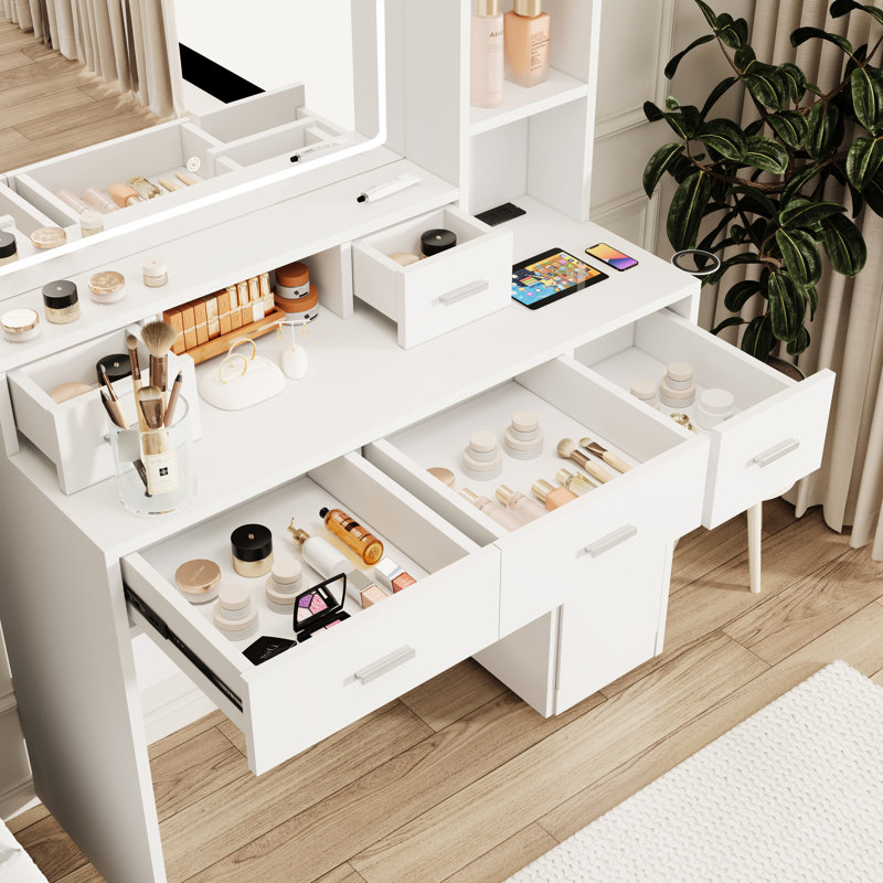 Coiffeuse blanche avec 5 tiroirs, miroir lumineux à DEL et accessoires essentiels pour la chambre à coucher