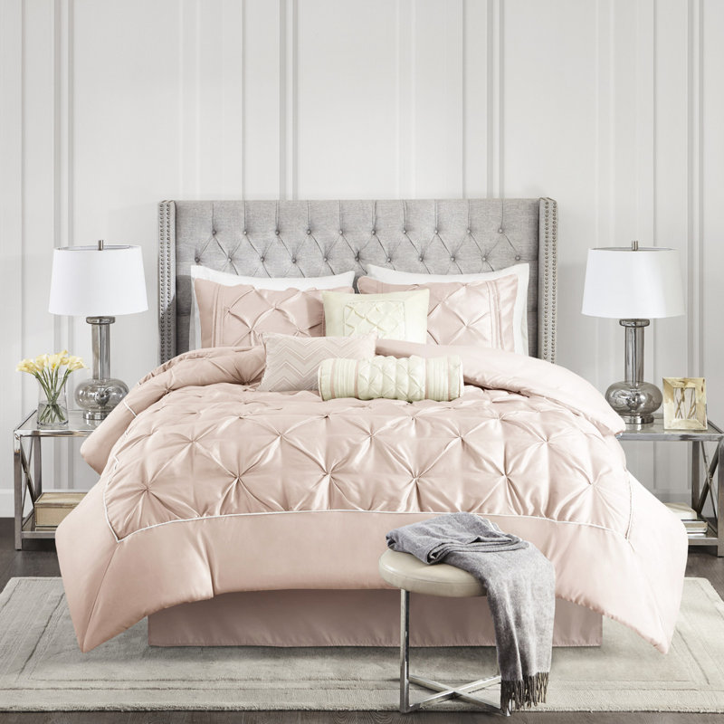 7 Piece Blush Comforter King - Beautiful Pattern Includes Comforter, Shams, Pillows, Bed Skirt Machine Washable Size Elegant Decoration