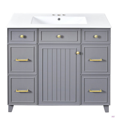Meuble-lavabo 36 po avec lavabo en céramique, structure en bois massif, portes à fermeture en douceur, tablettes réglables, 3 tiroirs, y compris un tiroir à double profondeur pour le rangement du sèche-cheveux