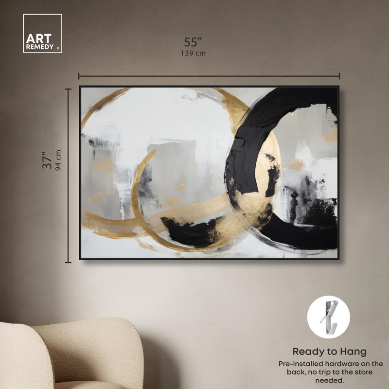 Art abstrait noir et blanc sur toile, "Autre dimension" par Art Remedy, H 37 po x l 55 po, Cadre noir