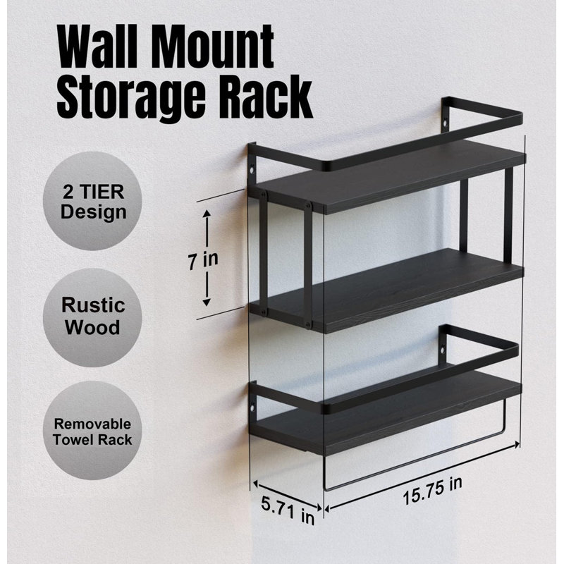 2+1 Tier Wall Mounted Floating Shelves Set Of 2, Rustic Wood Wall Shelf With Metal Frame, Extra Storage Rack With Tissue Rack & Towel Bar, Black