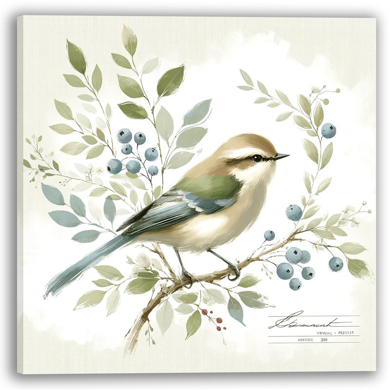 Charmant oiseau avec baies, art mural sur toile tendue, H 30 po x l 30 po x P 1,5 po