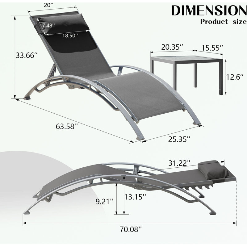 Ensemble de 3 chaises longues de piscine avec table, Gris foncé
