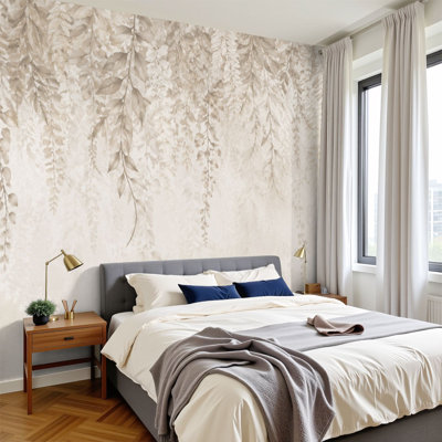 Papier peint auto-adhésif à peler et à coller avec feuillage suspendu beige et feuillage élégant H 100 po x l 144 po mural amovible en PVC pour chambre à coucher, bureau à domicile