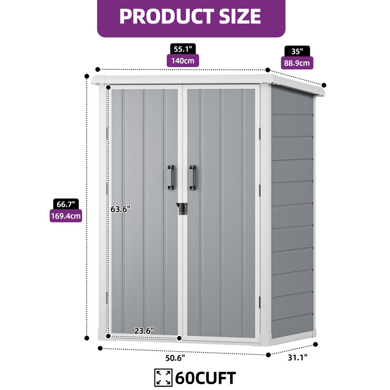 4.6 ft. W x 2.9 ft. D x 5.6 ft. H Outdoor Tall Storage Shed With Shelves