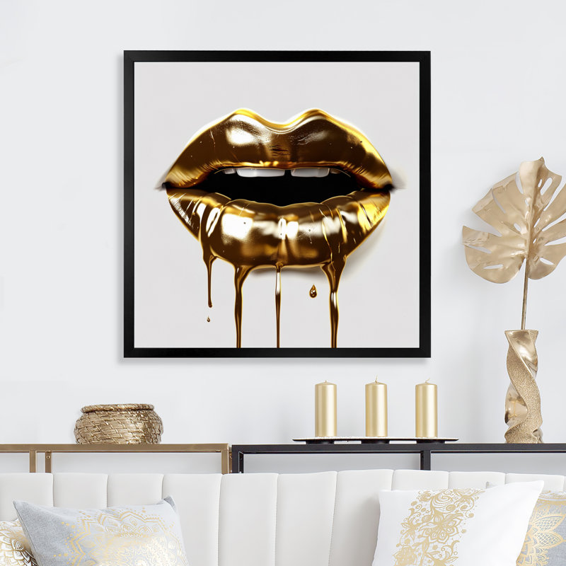 Gold Lips Of Luxury VI - Art mural sur toile tendance, H 16 po x l 16 po x P 1 po, Cadre photo noir