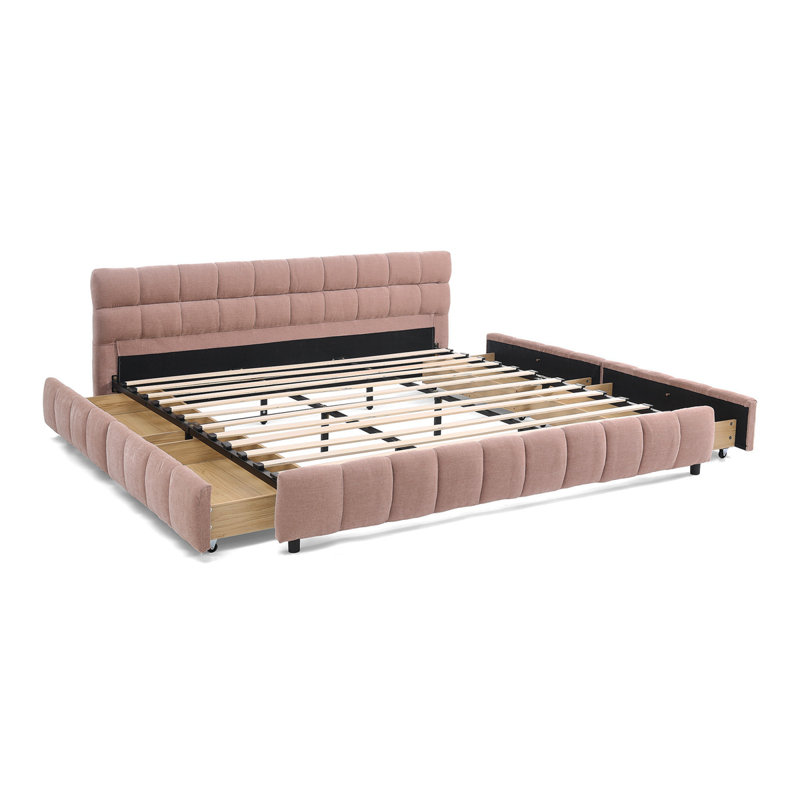 Lit tapissier de taille Hosea, base de lit tapissier confortable, tissu chenille, avec tête de lit et base de lit solide. Avec tiroir pour le rangement - rose (90,5 po x 80,5 po x 31 po)