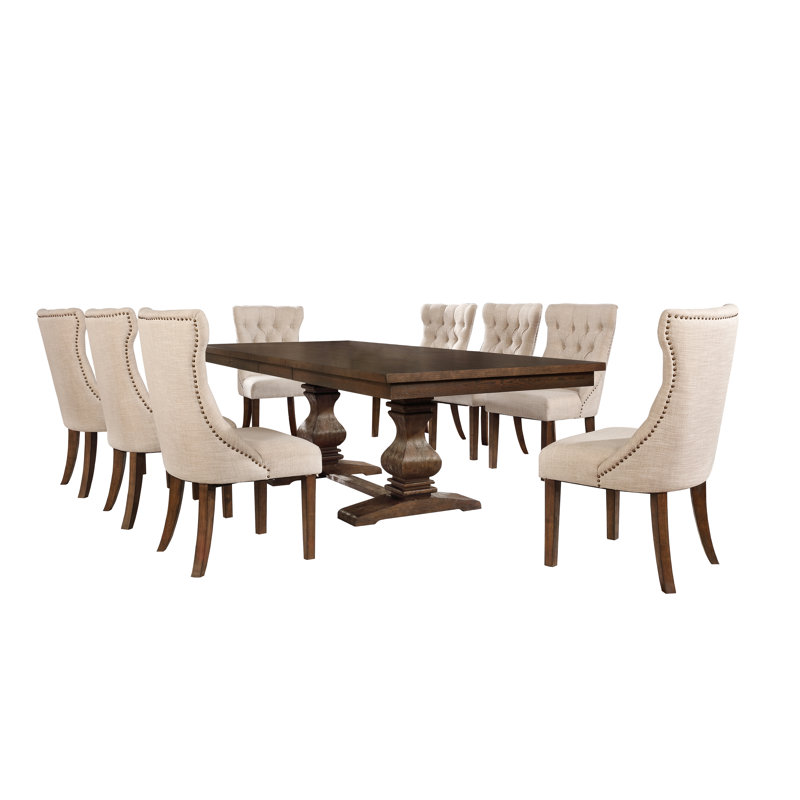 Rackley Extendable 78" to 96" Table with Walnut Wood Dining Set, 9, Beige