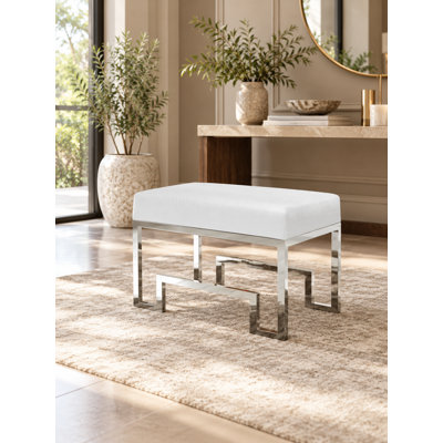 Pangea Home Upholstered Declan Laurence Stainless Steel Vanity Stool - Modern Upholstered Metal Accent Stool – Contemporary Decorative Stool for Living Room, Office, or Bedroom - White Faux Leather Stool with Silver Legs