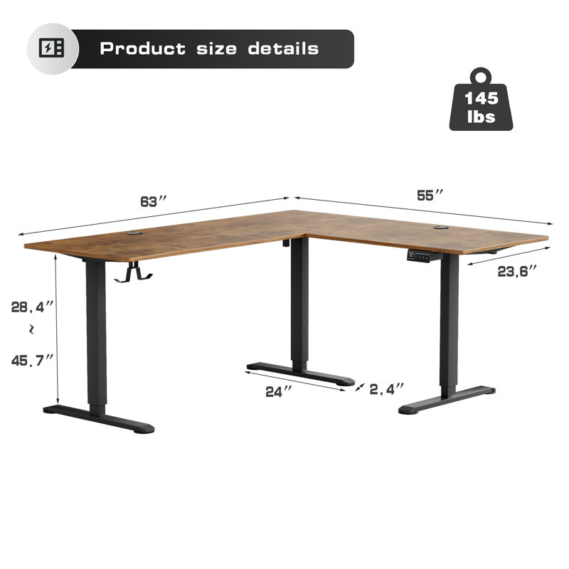 63" L Shaped Home Office Height Adjustable Electric Standing Desk, Brown/Black, 45.7" H x 63" W x 55" D