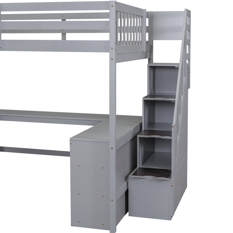 Lit mezzanine double gris avec bureau attaché et rangement - Option de chambre à coucher peu encombrante en forme de L, Gris