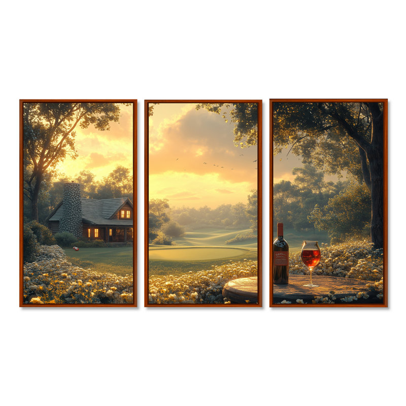 «Green Golf Course With Cozy Lodge I», ensemble de reproductions d'art mural, Toile avec cadre flottant brun