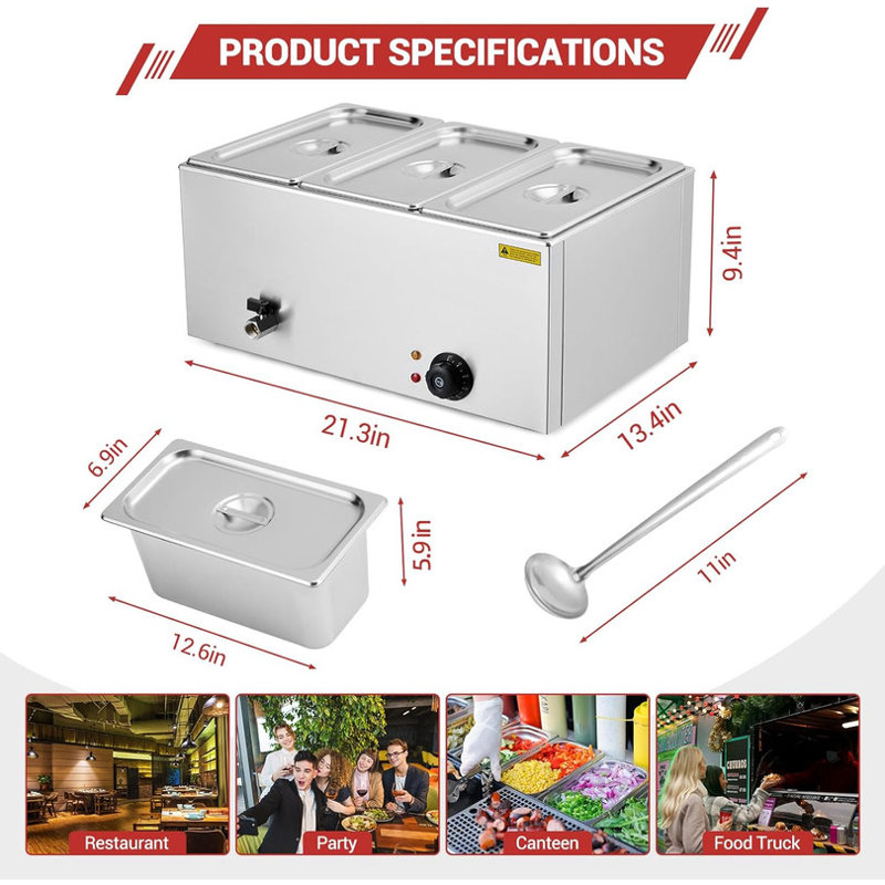 Chauffe-plat électrique commercial à 3 casseroles de 21 pte, station de soupe de table de bain à vapeur en acier inoxydable 7 pte / casserole