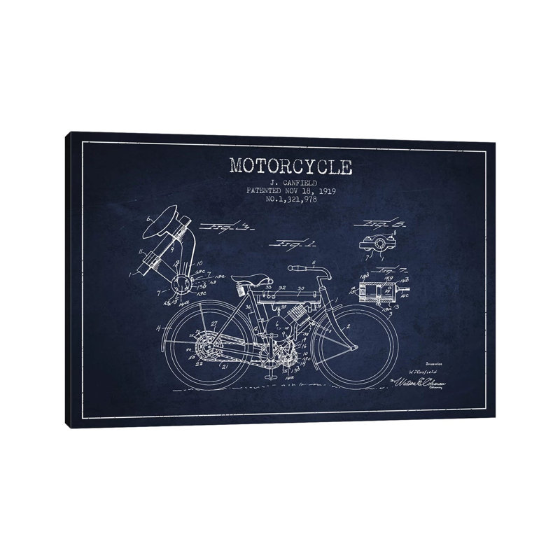 J. Canfield Motorcycle Patent Sketch Navy Blue by Aged Pixel - Wrapped Canvas Print, 66.04 cm H x 45.72 cm W