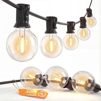 Guirlande lumineuse extérieure DEL G40 de 30 m (100 pi) avec 50 ampoules, étanche, pour terrasse ou jardin. Ampoules E12 incassables, fil noir à connecter. Parfait pour le jardin, le porche, la cour ou la fête.