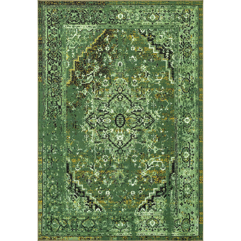Tapis performance vert tissé à la machine à motif oriental Bowning, Carré 8 pi