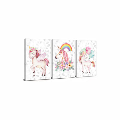 Wall Art Unicorn Bedroom Decor For Balloon Posters Nursery Room Painting Pink Floral Canvas Pictures Artwork Kids Toddler Bathroom Home Decorations 12X16" 3 Pieces
