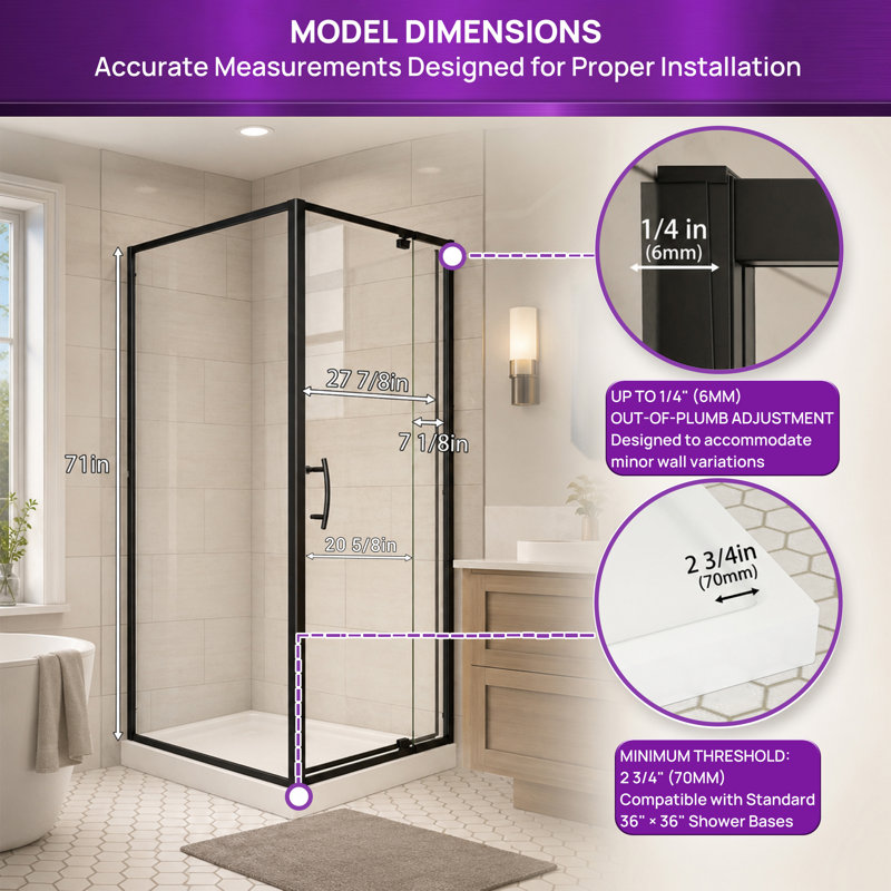 Cabine de douche semi-sans cadre, porte de douche à pivot d'angle avec verre trempé ANSI de 1/4 po 6 mm, 71" H x 36-36" W