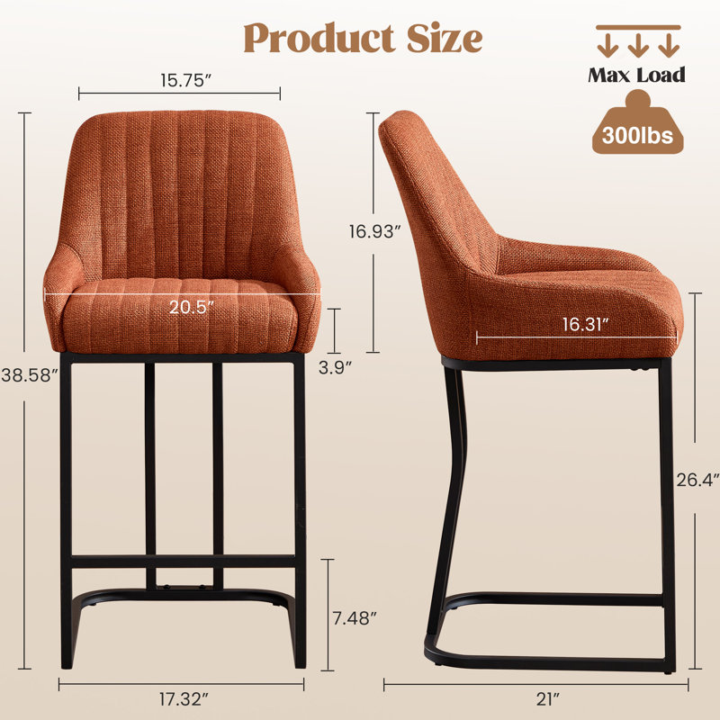 Ensemble de 2 tabourets de bar à hauteur de comptoir, chaises rembourrées en lin avec dossier incurvé et accoudoirs, Orange