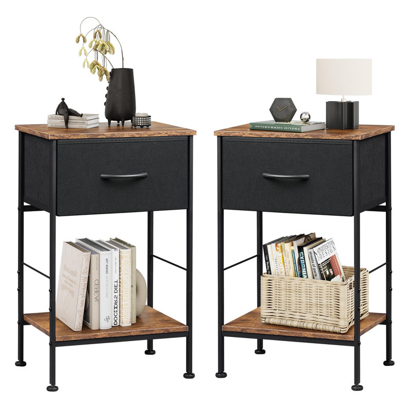 15.79'' W Metal Nightstand, Black/Brown, Set of 2