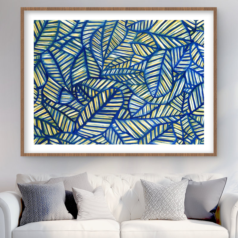 Motif de feuilles bleues - reproduction florale beige encadrée