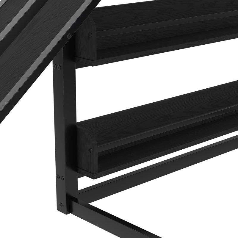 Lit mezzanine double en métal avec panier de basketball, anneaux de traction, mur d'escalade et tablettes intégrées