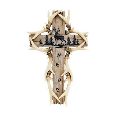 Resin Rustic Woodland Deer Antler Wall Hanging Cross Spiritual Cabin Wall Art