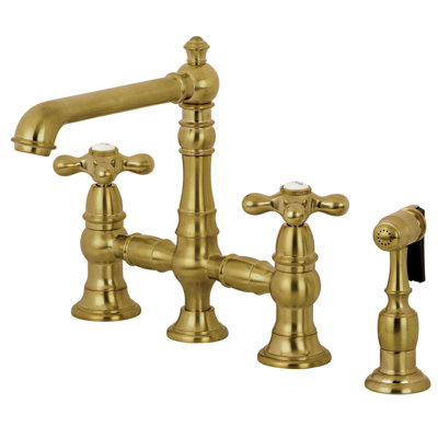 Kingston Brass English Country Two-Handle 4-Hole Deck Mount Bridge Kitchen Faucet with Brass Side Sprayer