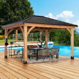 Backyard Discovery Barrington 14' x 12' Cedar Wood Outdoor Patio Gazebo with Hardtop Galvanized Steel Hip Roof and PowerPort