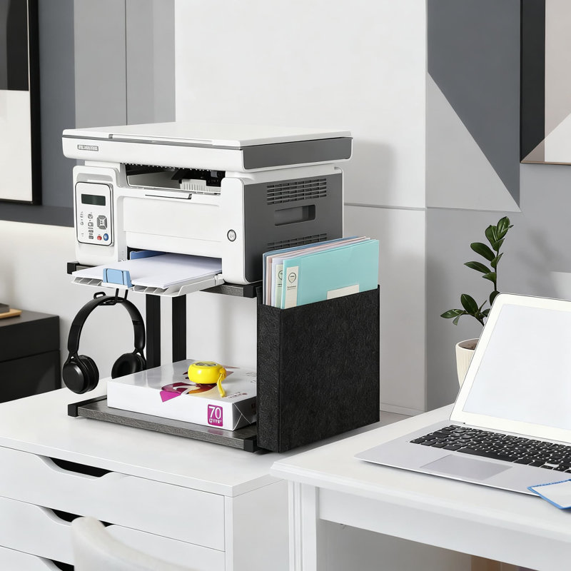 Support pour imprimante sous le bureau avec roulettes, chariot pour imprimante à roulettes à 2 niveaux avec sac de rangement et crochets, organisateur mobile robuste pour bureau à domicile, fax, scanneur et dossiers